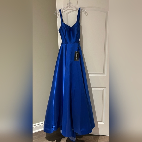 Sherri Hill Scoop Neck Strappy Back Long A Line Satin Dress, Royal Blue 52715 - Picture 10 of 13
